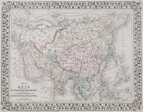 Map of Asia Showing its Gt. Political Divisions, and also the various Routes of Travel between London & India, China & Japan &c. 1862